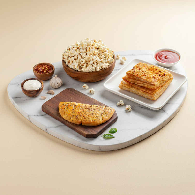 Garlic Bread with Cheese Dip + Butter Popcorn Bag + Veg Puff