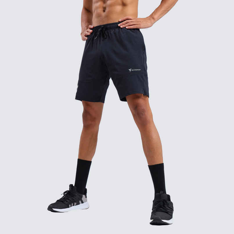 Technosport Men Poly Solid Relax Fit Sports Shorts with ELASTO LITE | Black | XL