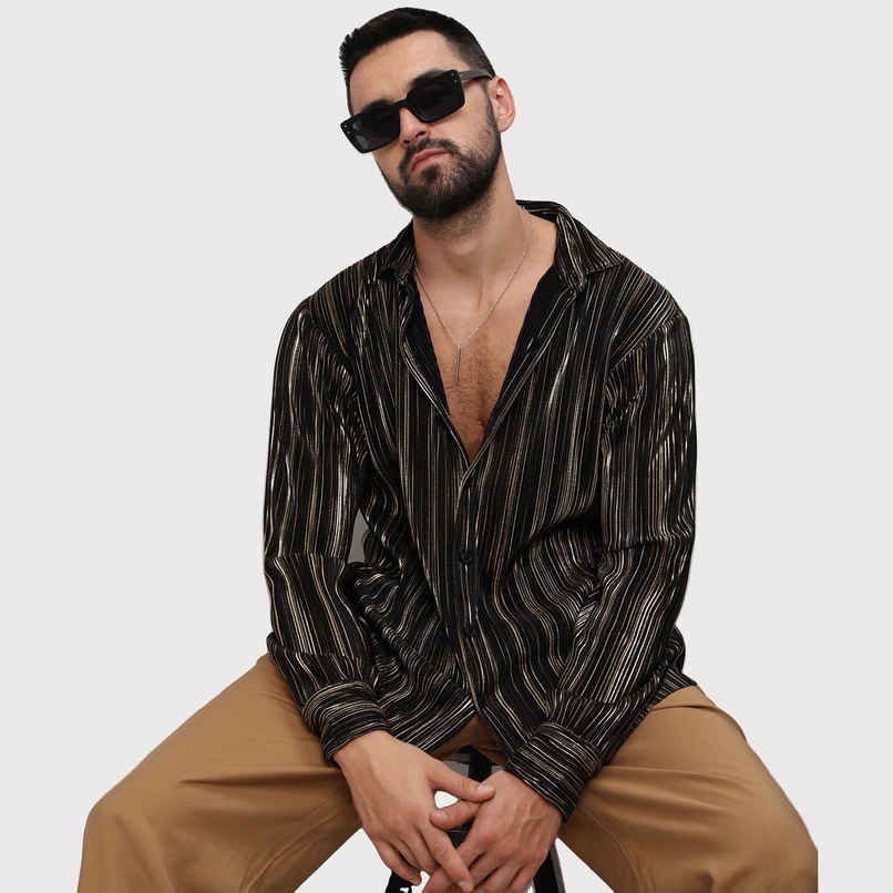 Campus Sutra Men's Pleat - Creased Shirt | Jet Black & Metallic Gold - XL