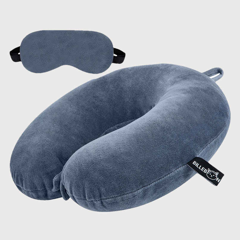 Billebon Unisex Fabric Neck Pillow with Eye Mask | Grey - Free Size