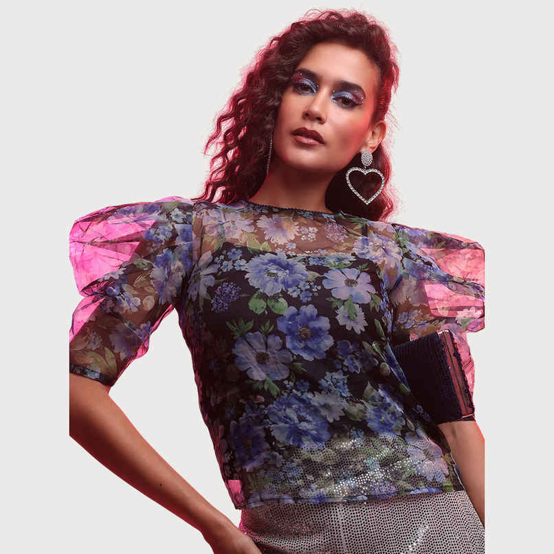 Tokyo Talkies Women's Floral Printed Puff Sleeves Top | Blue and Black - M