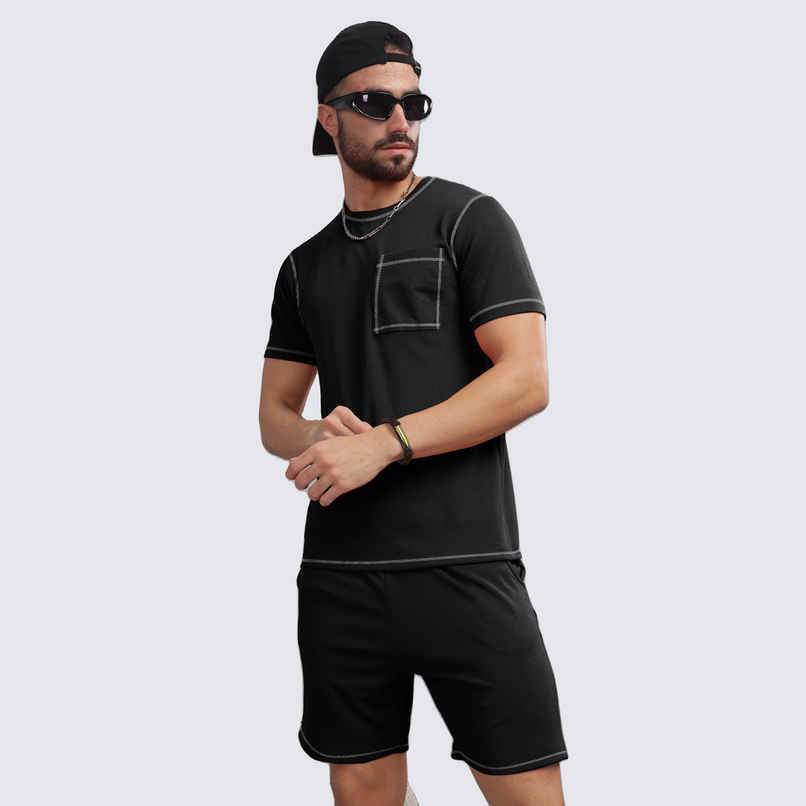 FTX Men's Structured Fabric Solid Regular Fit Co-ord Set T-shirt & Shorts | Black - S