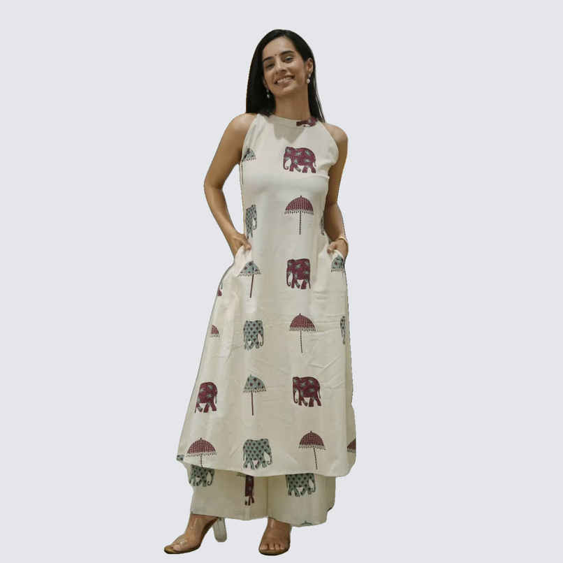 GoSriKi Women's Viscose Rayon Anarkali Printed Kurta with Palazzo | SURAI | White - M