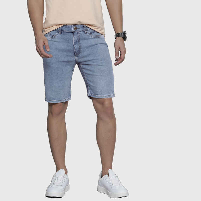 The Indian Garage Co Men | Slim Fit Solid Casual Denim Shorts | Light Blue | 34