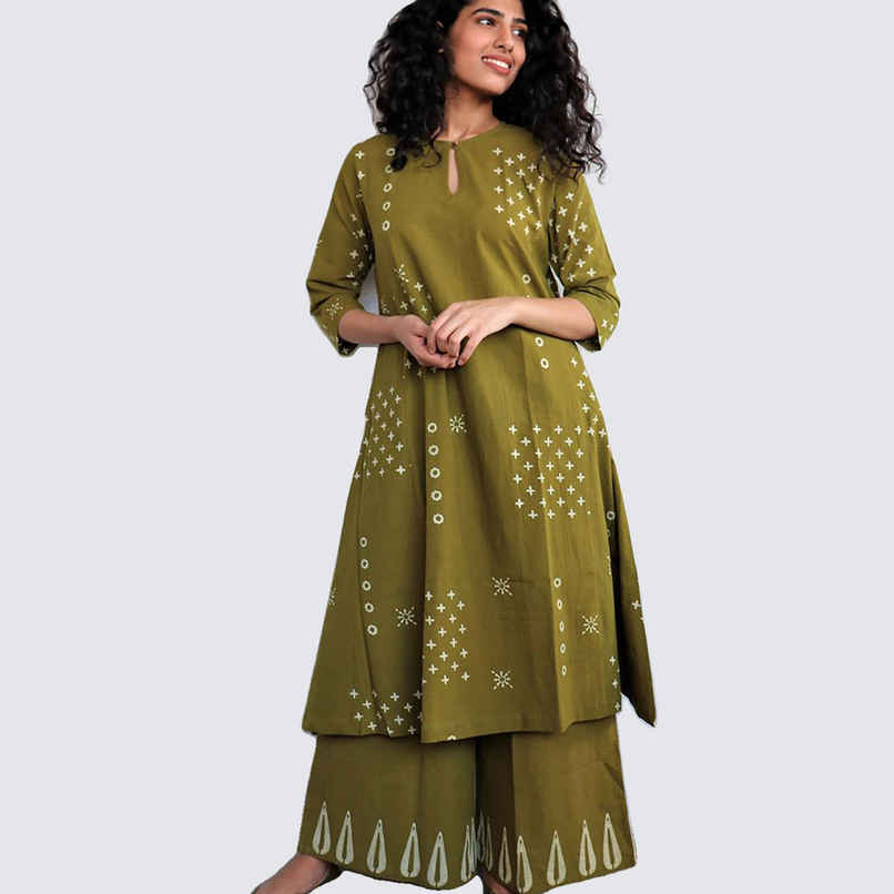 GoSriKi Women's Viscose Rayon Straight Printed Kurta with Palazzo | CHAURYA | Mehandi - L