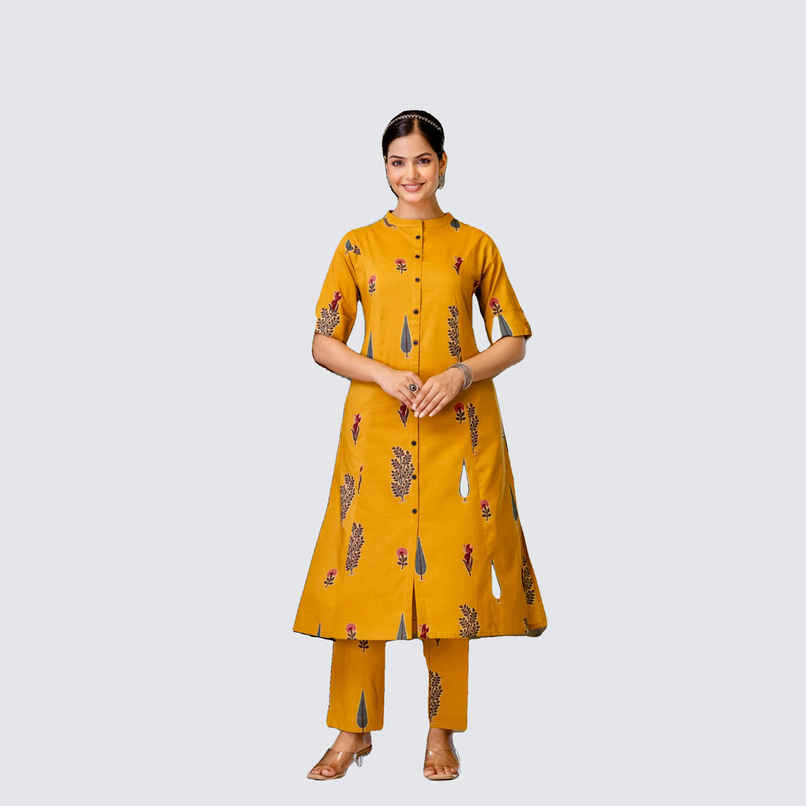 GoSriKi Women's Rayon Blend Straight Printed Kurta with Pant | BARKAT | Yellow - XL