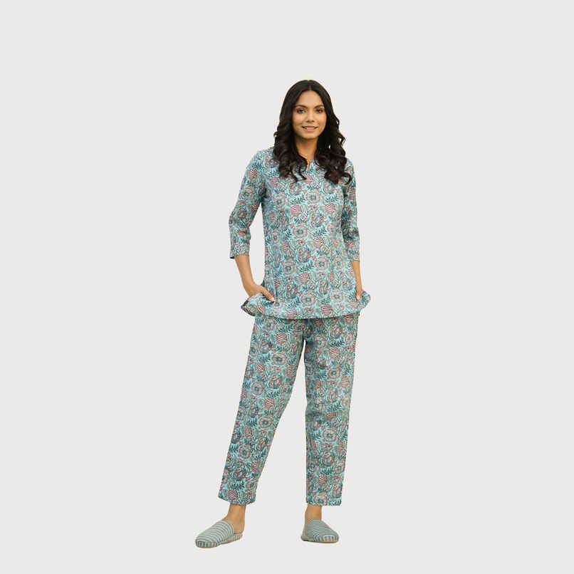 Sanskrutihomes Women's Printed Pure Cotton Night Suit | Turquoise Blue - M