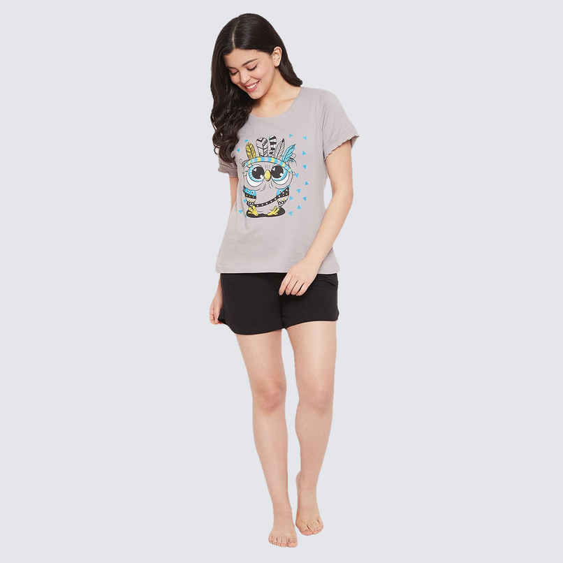 Clovia Owl Print Top & Shorts & Black - Cotton Rich | Grey | S Clovia Owl Print Top & Shorts & Black - Cotton Rich | Grey | S