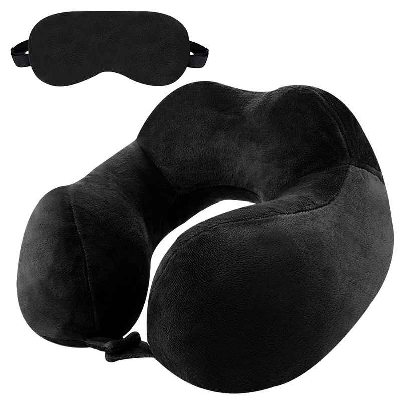 Billebon Unisex Solid Fiber Neck Pillow with Eye Mask | Black - Free Size