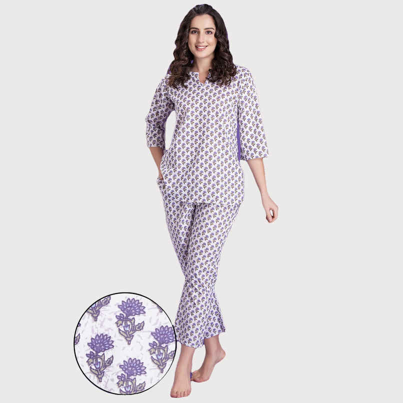 Clovia Pretty Florals Top & Pyjama - 100% Cotton(Blue - L)