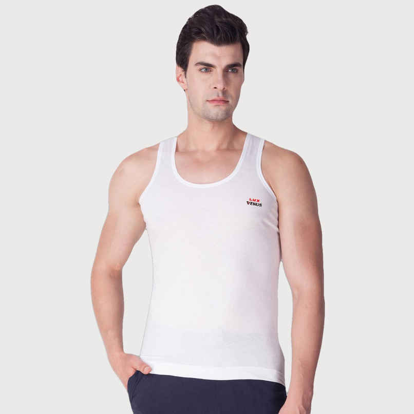 Lux Venus Super Combed Cotton Ribbed Round Neck Sleeveless Vest for Men, White, 100 - Pack Of 3
