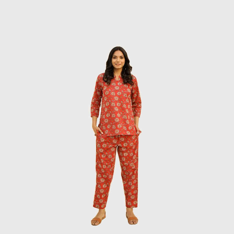 Sanskrutihomes Women's Printed Pure Cotton Night Suit | Red - L