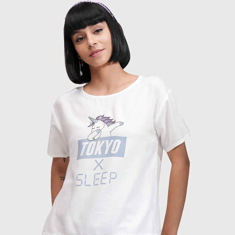Tokyo Talkies Women's Graphic Printed Round Neck T-Shirt | White and Light Blue - M