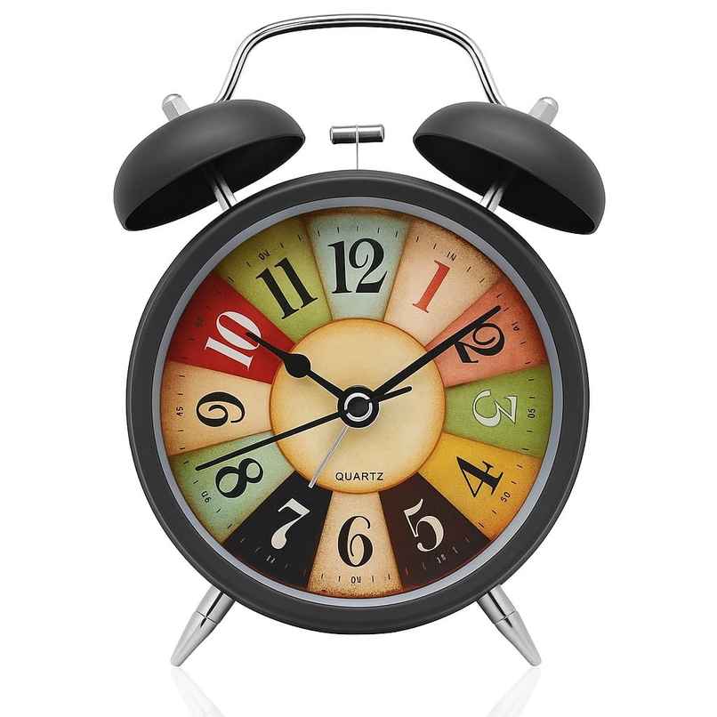 Perpetual Table Clock Retro Twin Bell Metal Frame Alarm Clock | Black Vintage | 4.5 x 1.5 in