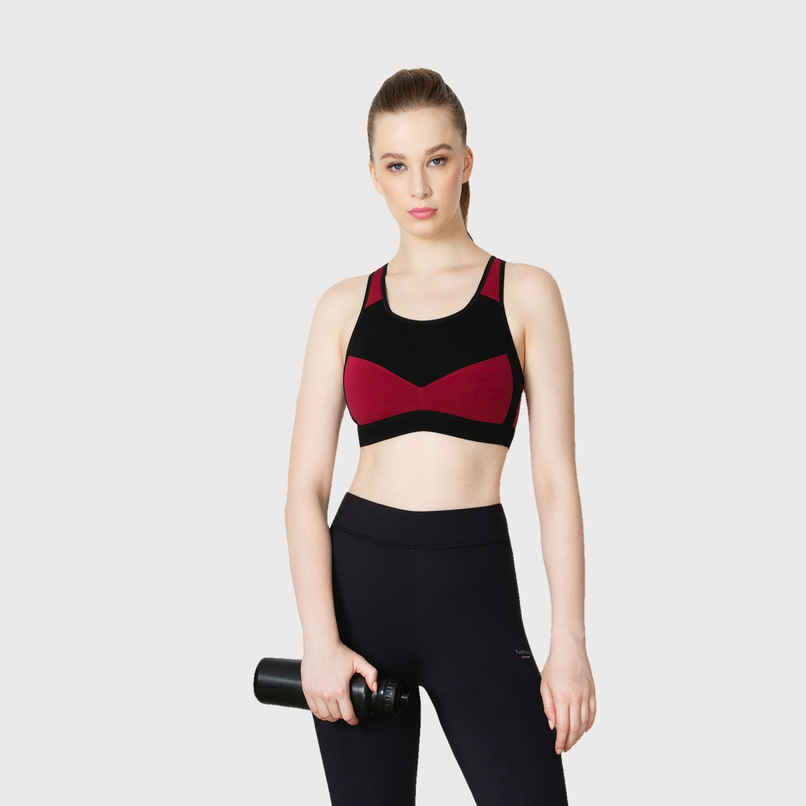 Van Heusen Proactive Women Wine Colour Blocked Anti Bacterial Wireless Racerback Sports Bra |XL