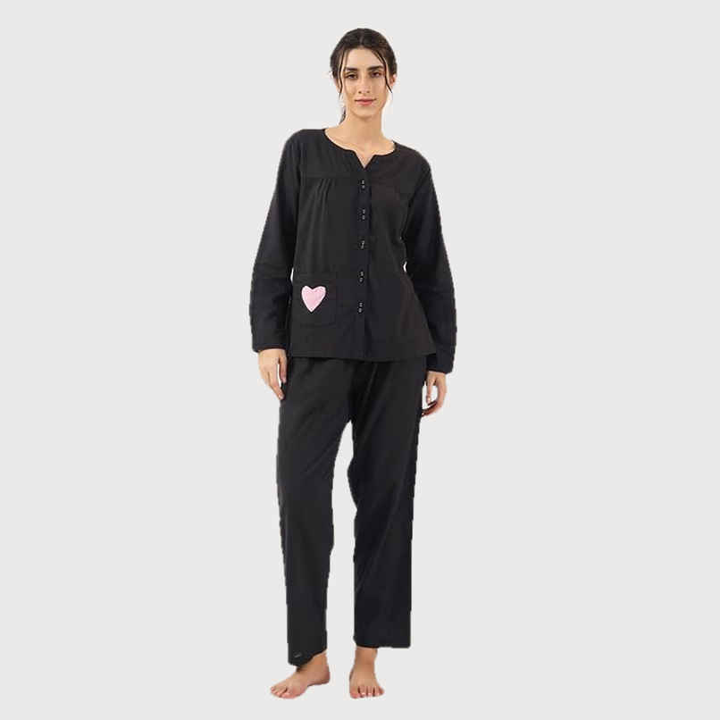 Sanskrutihomes Black Round Neck Pure Cotton Nightsuit | Black - M