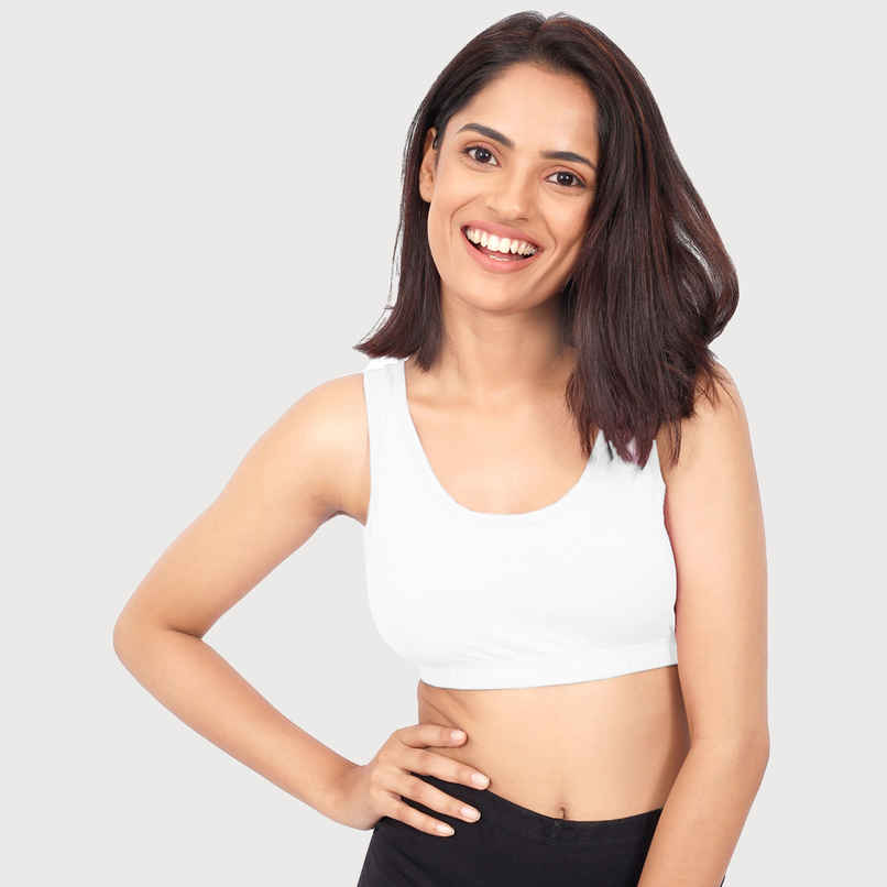 D'Chica Double-Layer Broad Strap Cotton Sports Bra | Non Padded | White | S