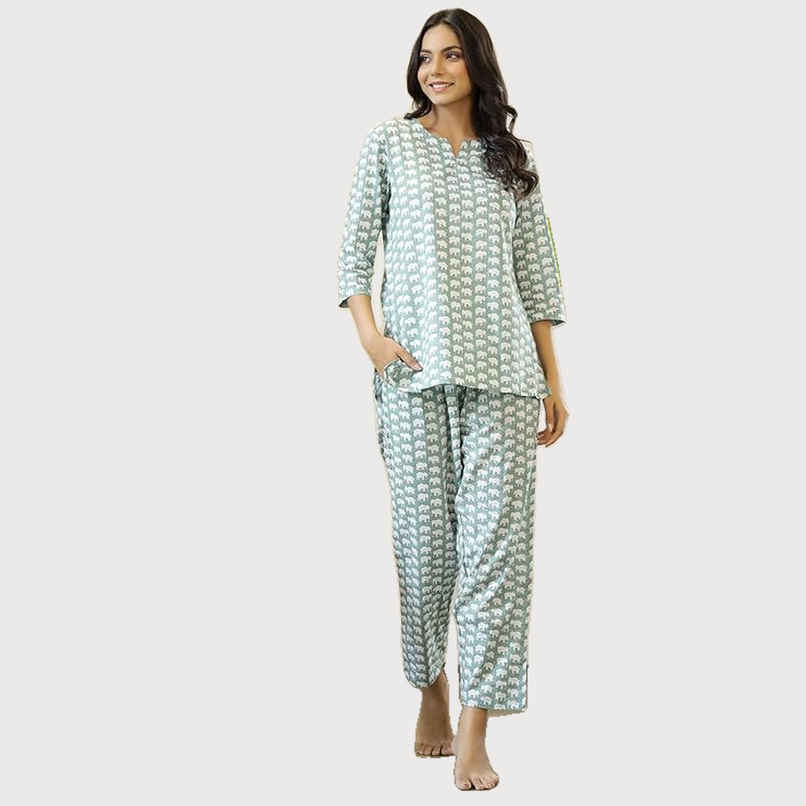 Sanskrutihomes Women's Printed Pure Cotton Night Suit | Green - M