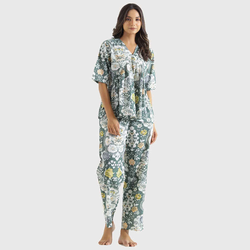 Sanskrutihomes Printed Pure Cotton Night Suit | Green - M