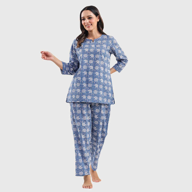 Sanskrutihomes Printed Pure Cotton Night Suit | Blue - S