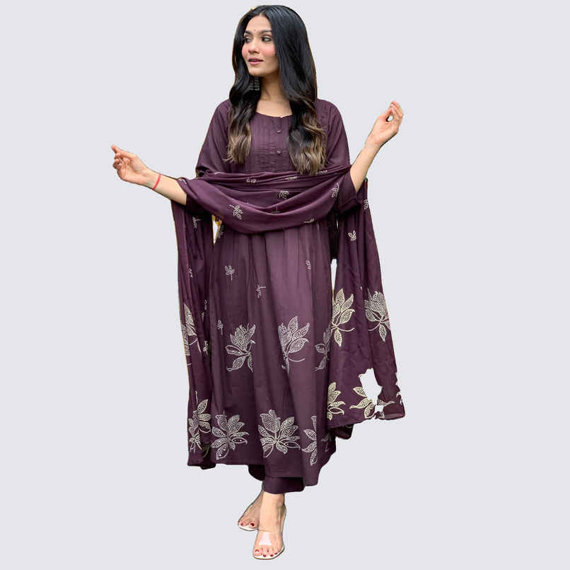GoSriKi Women's Viscose Rayon Anarkali Printed Kurta with Pant & Dupatta | GANGORI | Wine - XL
