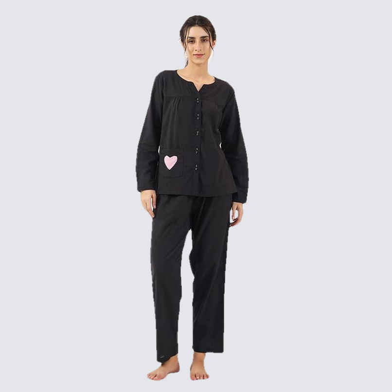 Sanskrutihomes Black Round Neck Pure Cotton Nightsuit | Black - XL Sanskrutihomes Black Round Neck Pure Cotton Nightsuit | Black - XL