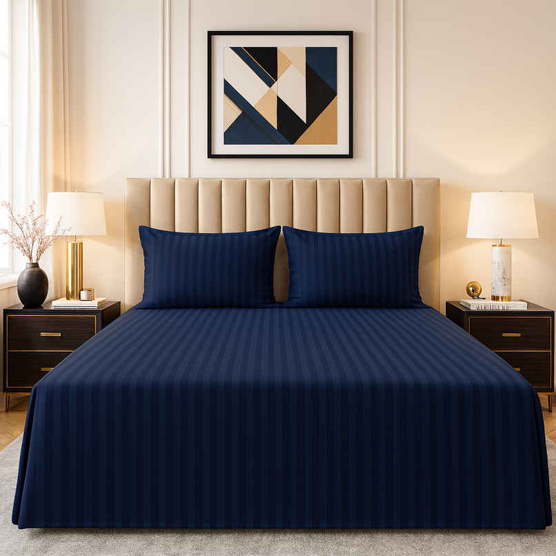 Elegant Weavers Double Ployester Striped Bedsheet | With 2 Pillow Covers | Blue | 87 x 94 in