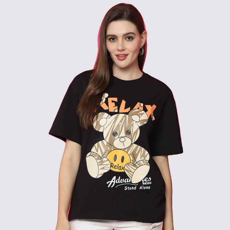 Fabflee Women Oversize Cotton Printed Round Neck Tshirt | Black | FAB-OS-520 | M