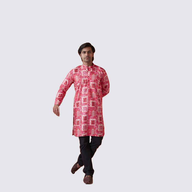 House Of Festivals Men's Printed Cotton Blend Long Kurta | Pink -L