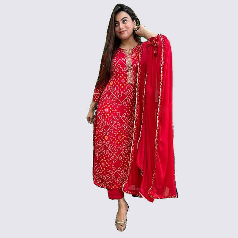 GoSriKi Women's Rayon Blend Straight Printed Kurta with Pant & Dupatta | TURAE | Red - XL