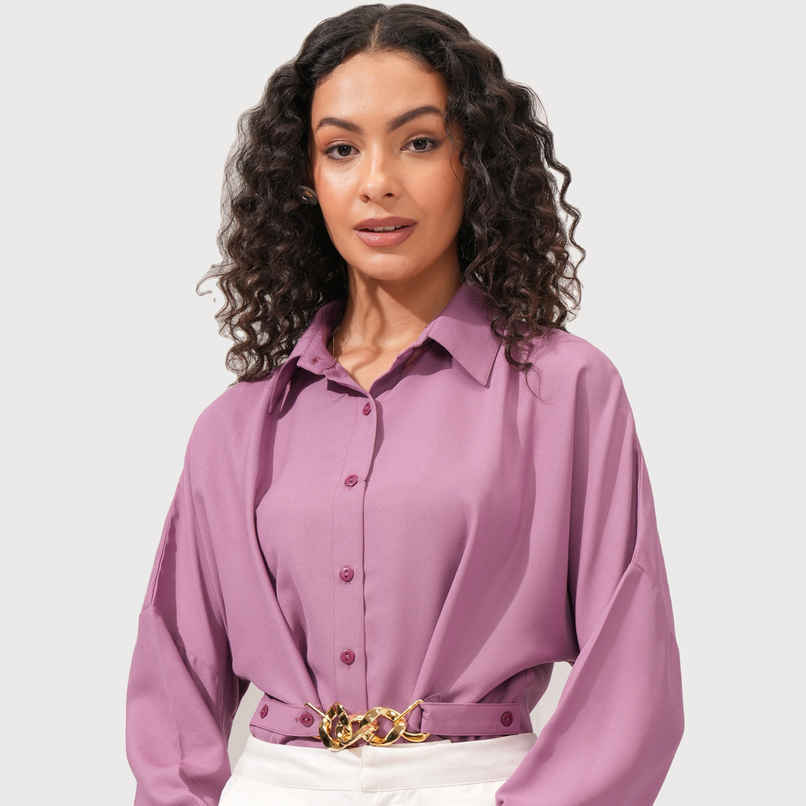 Tokyo Talkies Women's Button Down Front Pocket Detailed Shirt | Purple - M