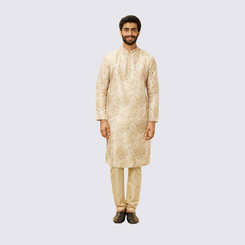 Manyavar Beige Art Silk Self Design Kurta Set | L
