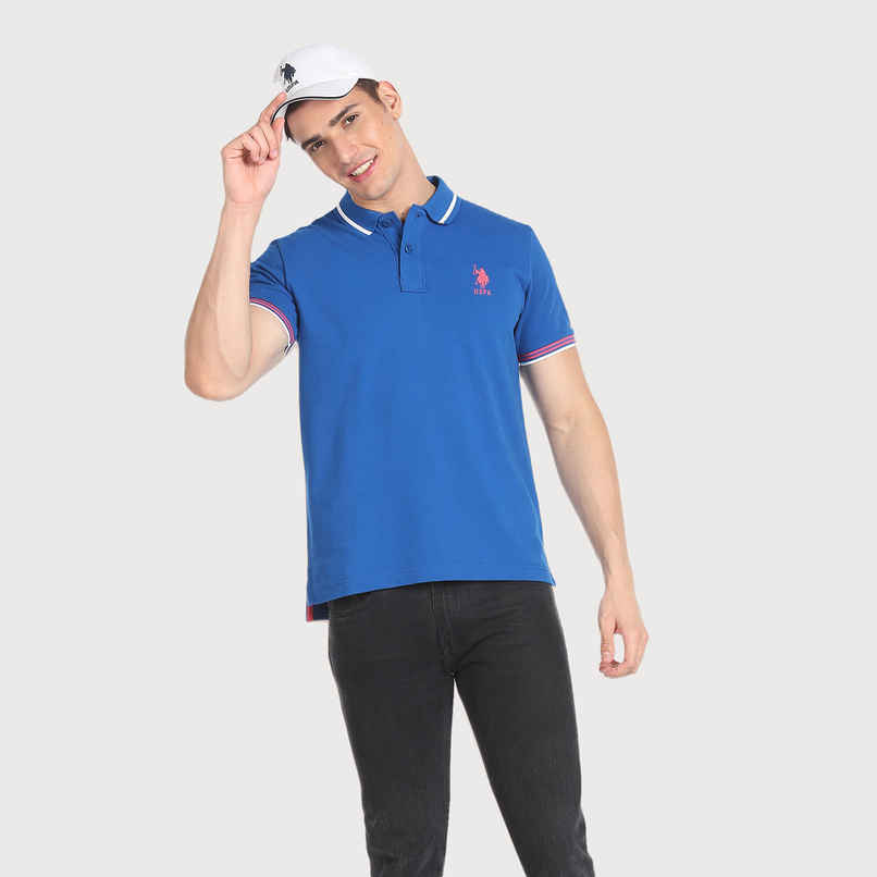 U.S. Polo Assn. Men's Striped Collar Pique Polo Shirt | Blue - S U.S. Polo Assn. Men's Striped Collar Pique Polo Shirt | Blue - S