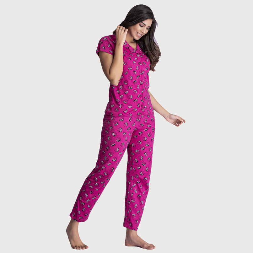 Clovia Owl Print Button Down Shirt & Pyjama Set - Cotton Rich(Magenta - Xl)