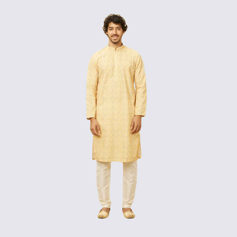 Manyavar Yellow Blended Cotton Embroidered Kurta Set | L