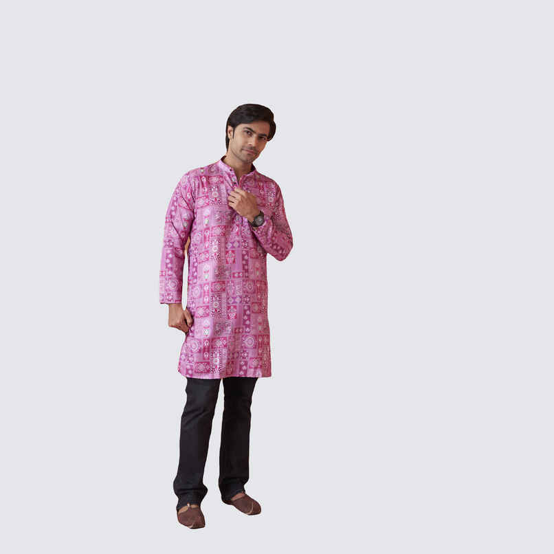 House Of Festivals Men's Printed Cotton Blend Long Kurta | Purple - S