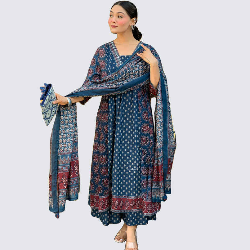 GoSriKi Women's Viscose Rayon Anarkali Printed Kurta with Pant & Dupatta | NAKULA | Blue - S