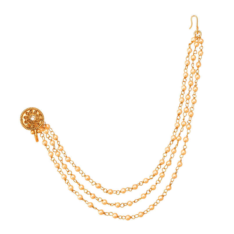Aadita Traditional Long Chain Nose Pin- Gold Plated Nath with Kundan & Pearl for Bridal Wear