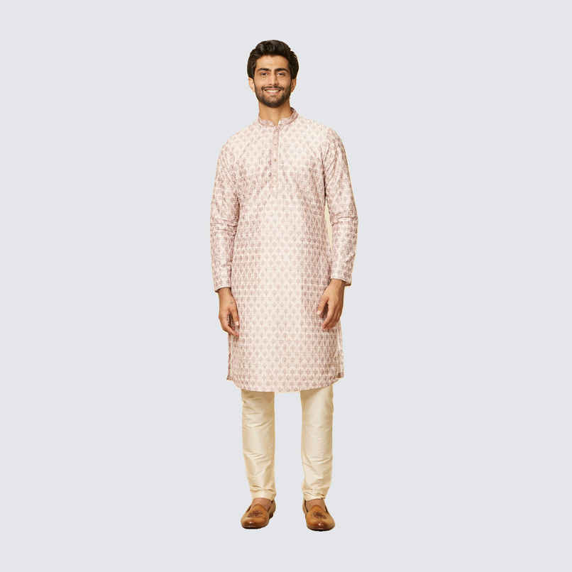 Manyavar Peach Art Silk Printed Kurta Set | M