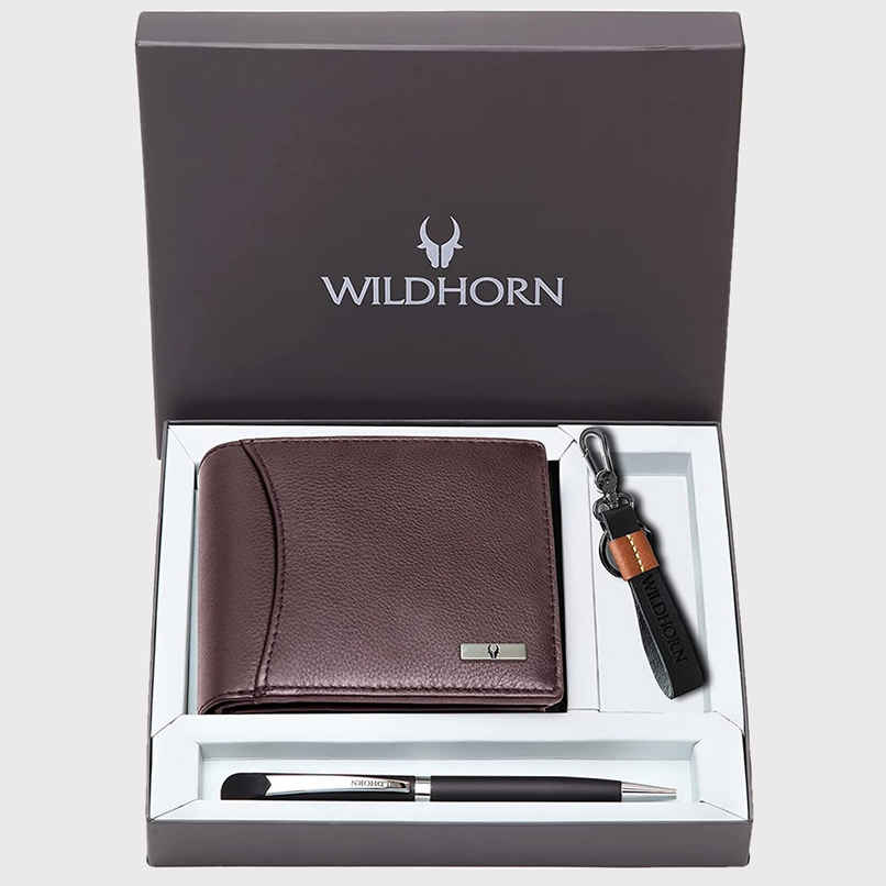 Wildhorn Men's Solid Genuine Leather Gift Set | Brown - One Size