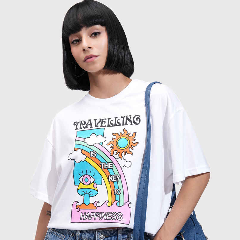 Tokyo Talkies Women's Graphic Printed Slim Fit T-Shirt | White - M