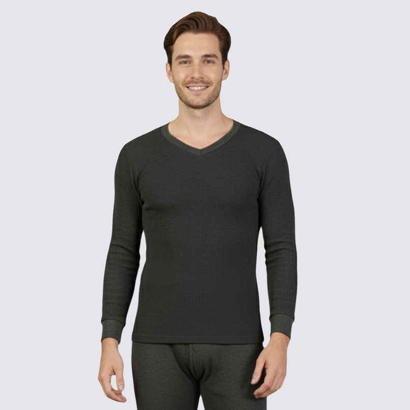 Lux Cozi Men's Heatek Thermal Comfort, Stretchable & Super Warm V-Neck Top | Black Melange-85