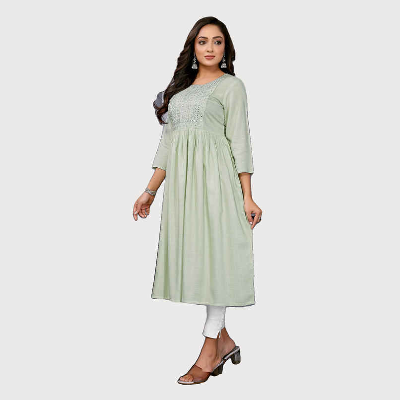 Rangita Women's Rayon Embroidered Flared Calf Length Kurta | Light Green - S