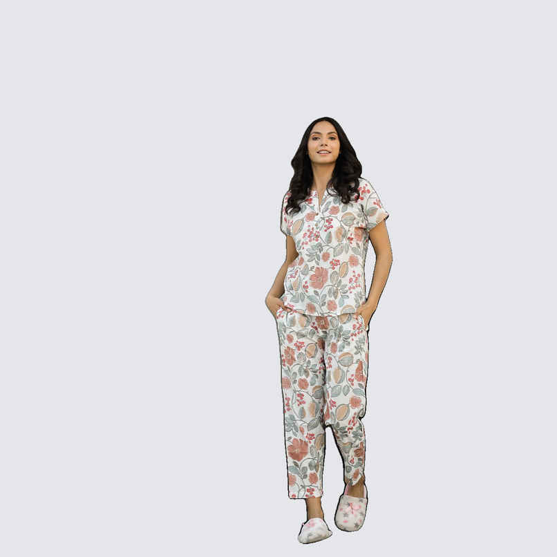 Sanskrutihomes Women's Printed Pure Cotton Night Suit | White - S