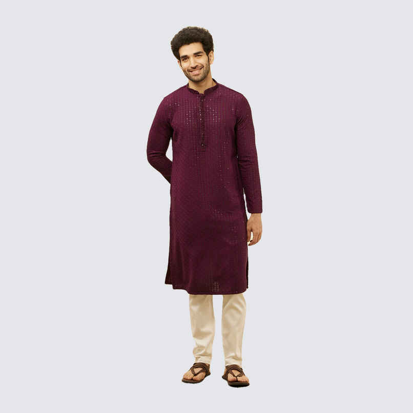 Manyavar Purple Viscose Chikankari Sequinned Kurta Set | L