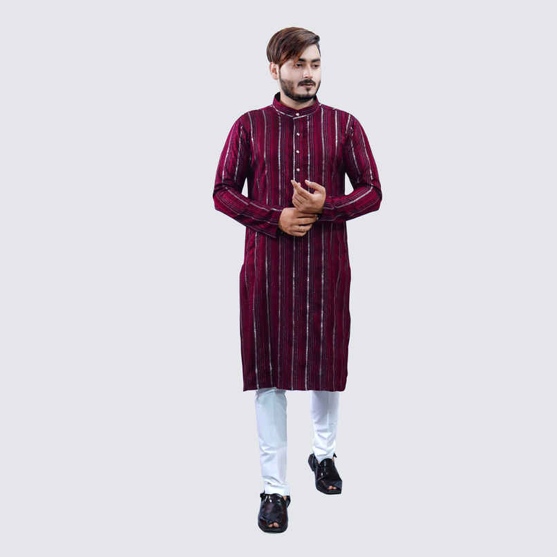 Tibra Collection Men Kurta - Maroon | Solid | Thin Striped | Cotton Blend | L