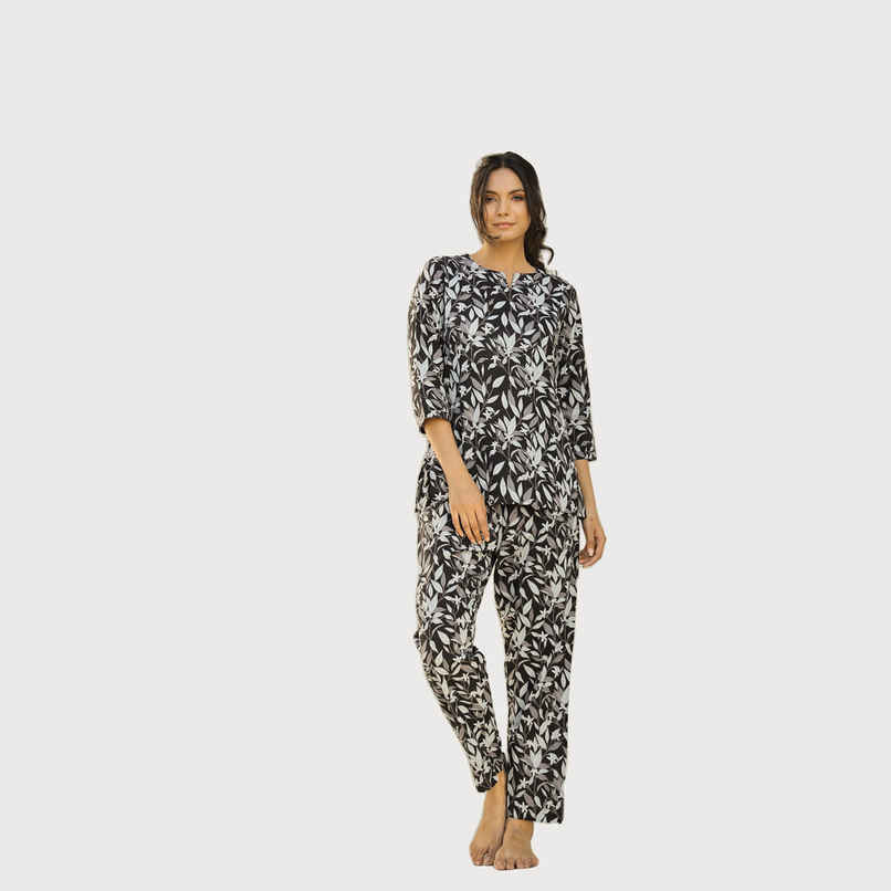 Sanskrutihomes Women Printed Pure Cotton Night Suit | Black - White | M