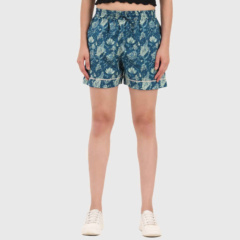 Divena Green Ethnic Motif Print Cotton Shorts for Women | DK0261 - M