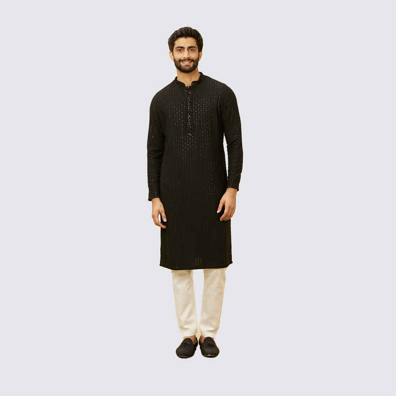 Manyavar Black Viscose Embroidered Kurta Set | XL