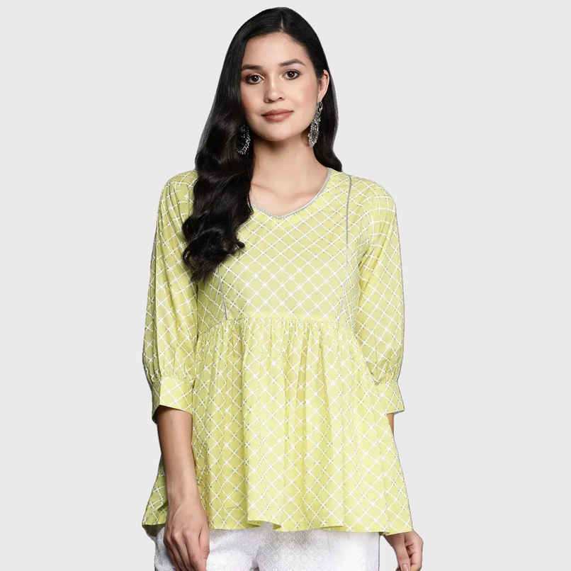 Libas Women Green Cotton A-Line Kurti - 26463L Libas Women Green Cotton A-Line Kurti - 26463L